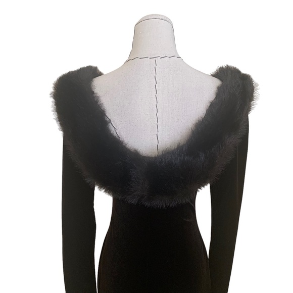 Vintage 90s Chocolate Brown Stretch Velvet Faux Fur Collar Maxi Dress Small - Picture 6 of 12